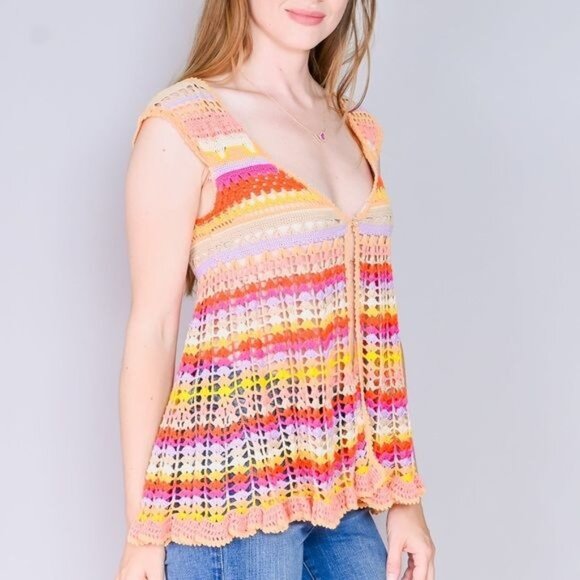 VERY RARE Free People Hippie Rainbow Striped Crochet Knit Cardigan - Picture 2 of 7